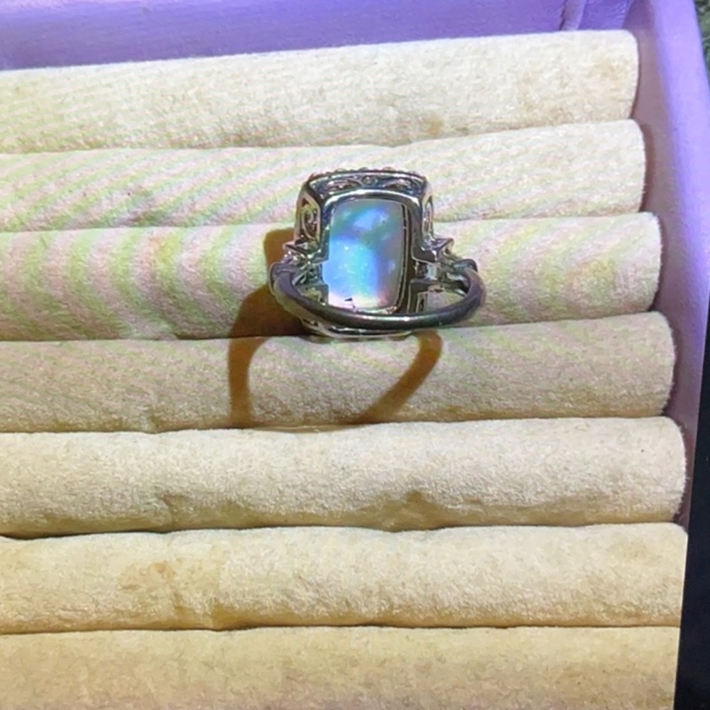 Sterling Silver Synthetic Opal Ring with CZ Halo - Picture 2 of 4